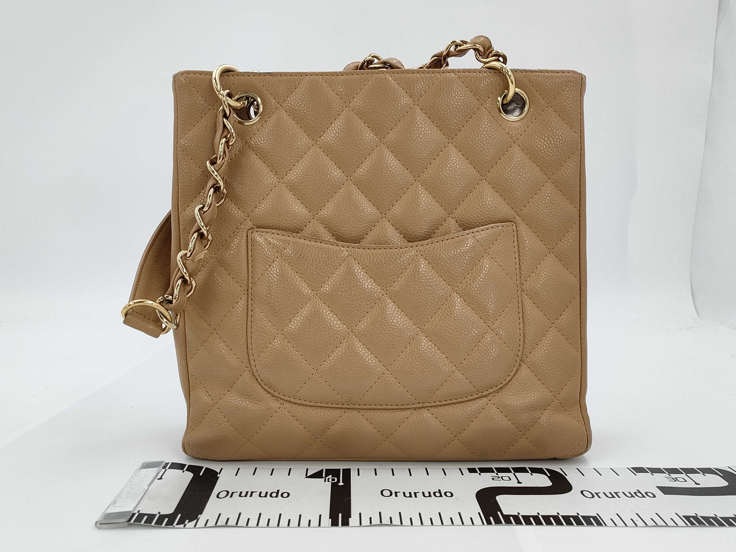 CHANEL Chain Tote Shoulder Bag, Caviar Leather, Beige, GD Hardware, No. 8 Series