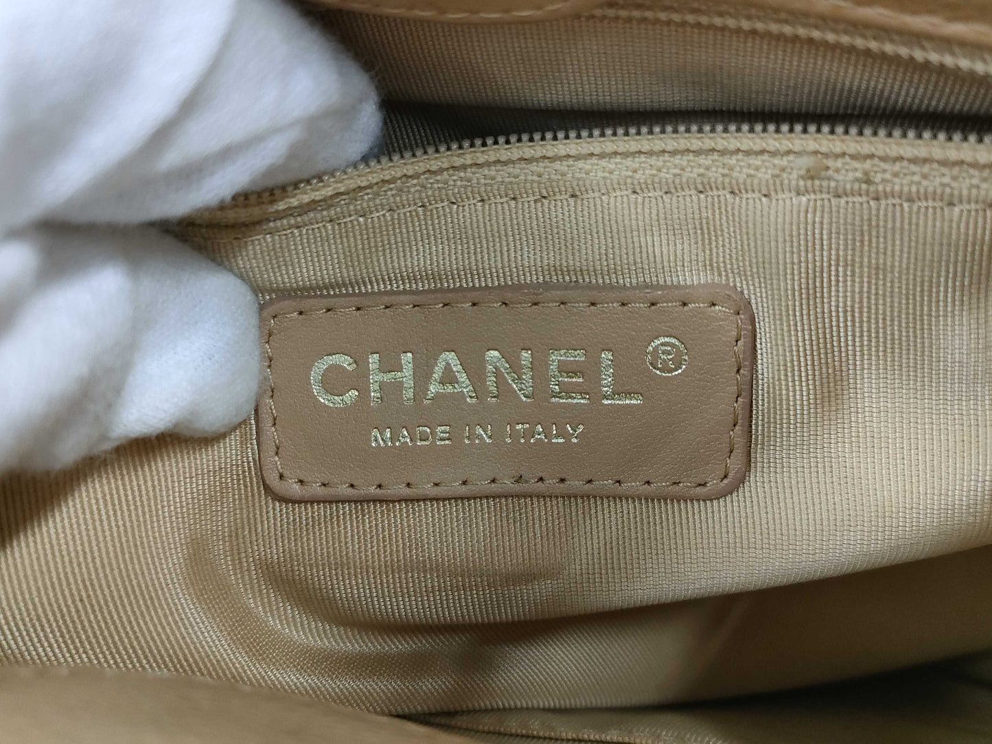 CHANEL Chain Tote Shoulder Bag, Caviar Leather, Beige, GD Hardware, No. 8 Series