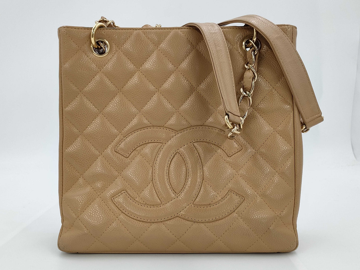CHANEL Chain Tote Shoulder Bag, Caviar Leather, Beige, GD Hardware, No. 8 Series