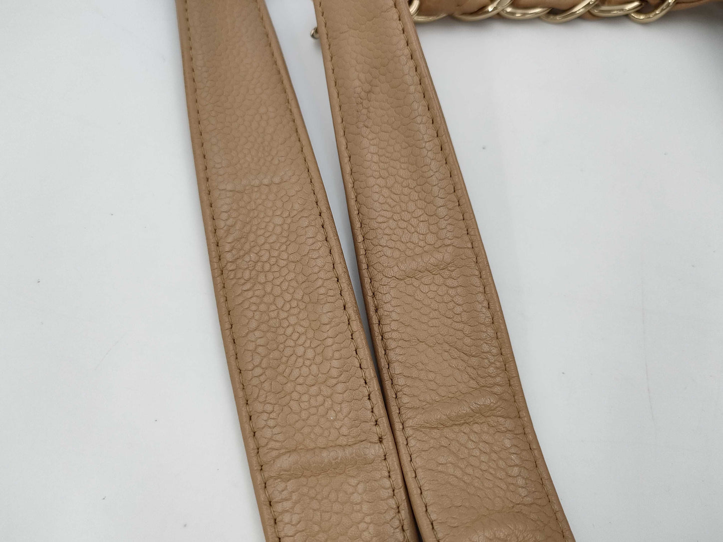 CHANEL Chain Tote Shoulder Bag, Caviar Leather, Beige, GD Hardware, No. 8 Series