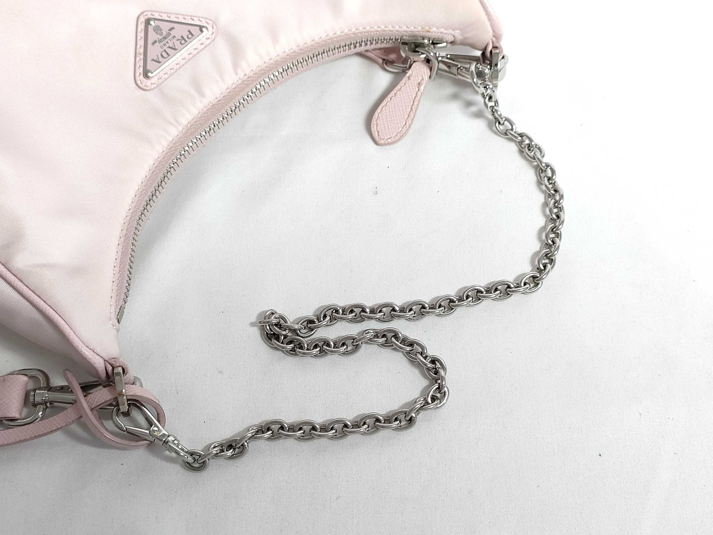 PRADA RE-Edition 2005 2-way shoulder bag with key ring, pink beige, silver hardware, nylon 103, slightly soiled.