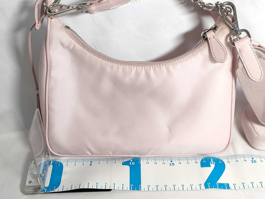 PRADA RE-Edition 2005 2-way shoulder bag with key ring, pink beige, silver hardware, nylon 103, slightly soiled.