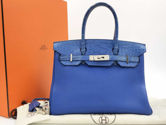 HERMES Birkin 30 Touch Alligator/Togo Blue Handbag with Silver Hardware and U Stamp