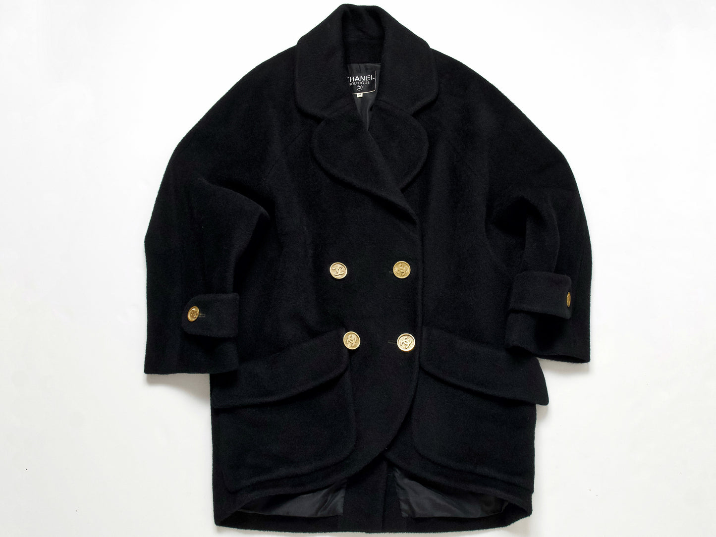 (10462_0133) CHANEL Fall/Winter 1990 Runway Woolmossa Big Coat 34 Black Coat