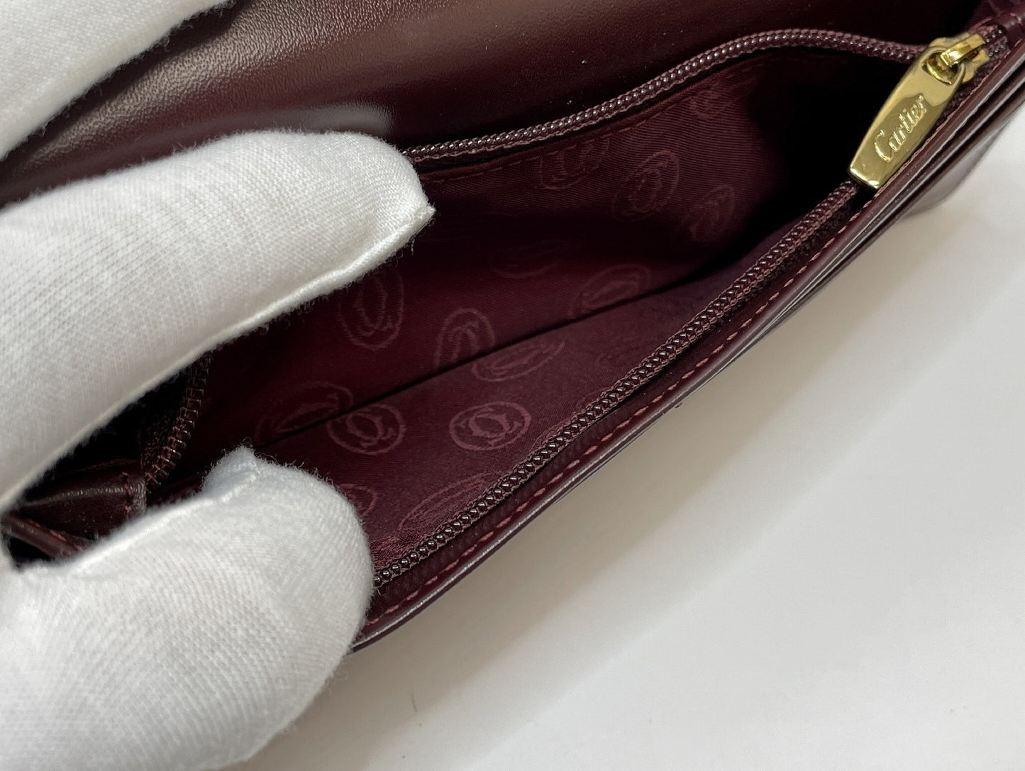 (10461_0064) Cartier Unused Cartier Mastline Genuine Leather Bi-Fold Long Wallet Bordeaux Gold Fittings Coin Purse Wallet