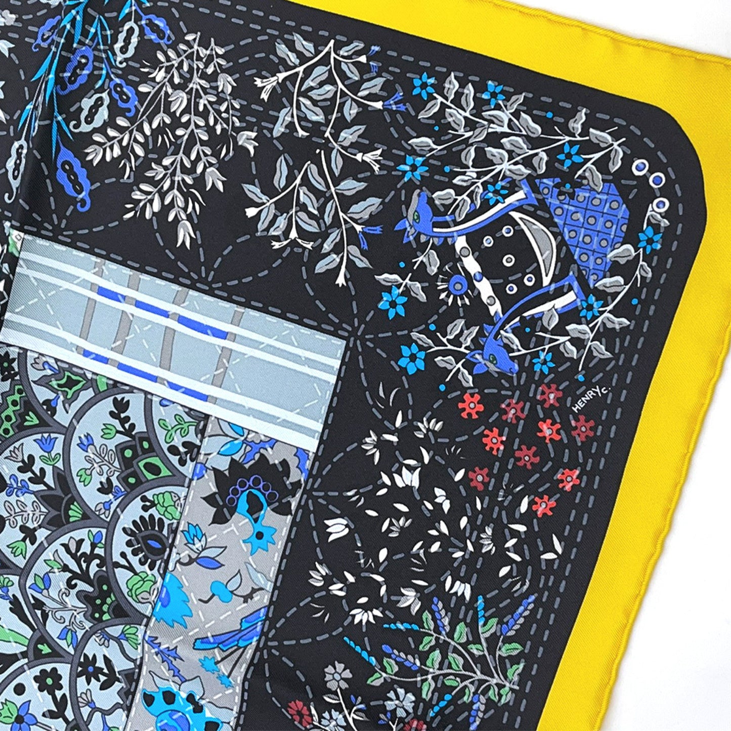 (10462_0046) HERMES Hermes Scarf HERMES Sordo Carlet Twill Silk 100% 90CMS PIQUE FLEURI DE PROVENCE Floral Botanical Black Yellow Scarf
