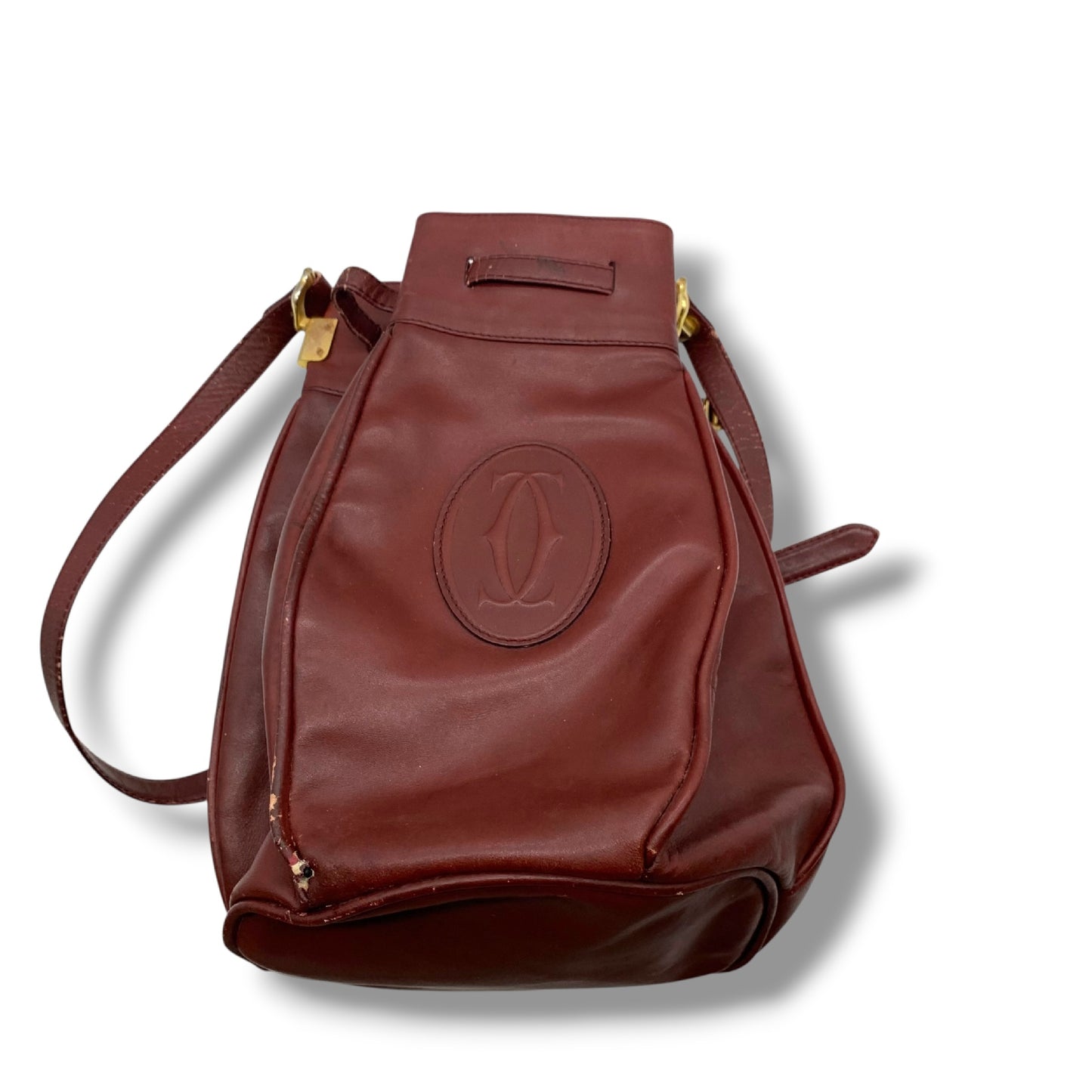 (10460_0127) Cartier Drawstring Shoulder Bag Burgundy Shoulder Bag