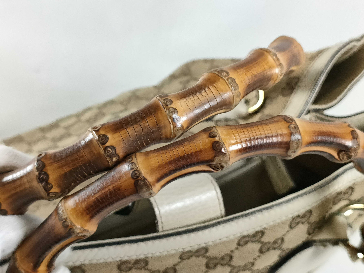 GUCCI Bamboo ID - Gucci GG Canvas Bamboo Canvas and Leather Tote Bag Beige and White 282317 Tote Bag