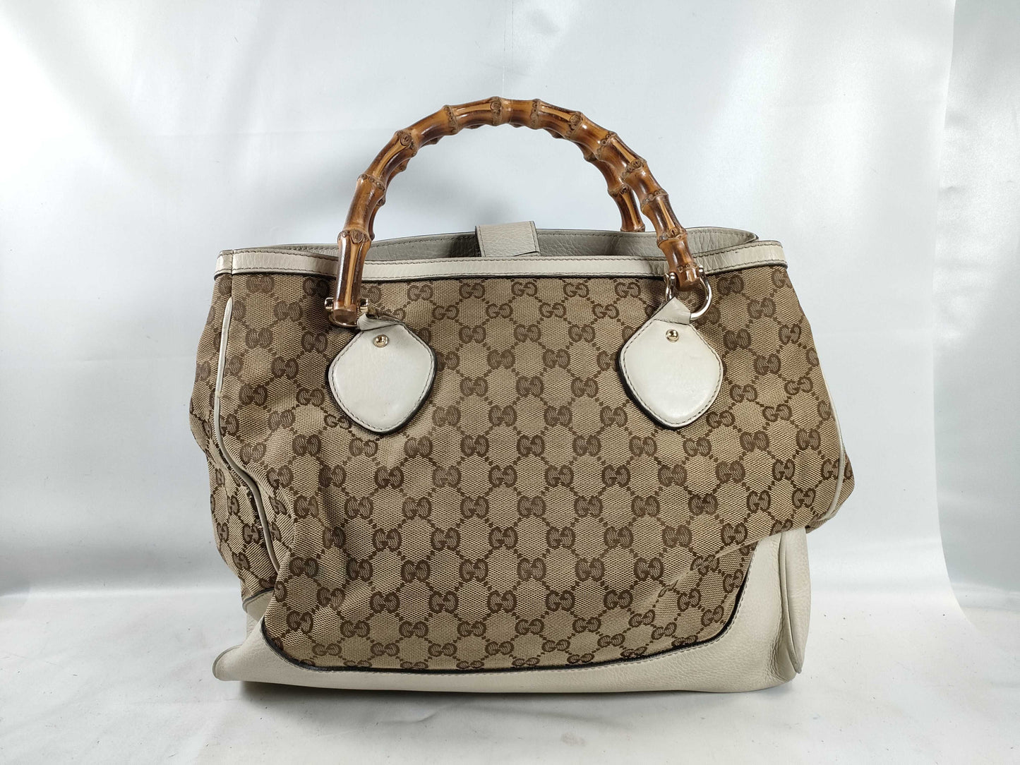 GUCCI Bamboo ID - Gucci GG Canvas Bamboo Canvas and Leather Tote Bag Beige and White 282317 Tote Bag