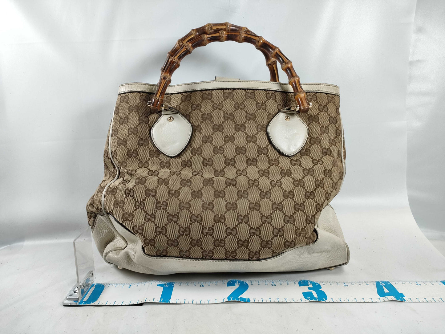 GUCCI Bamboo ID - Gucci GG Canvas Bamboo Canvas and Leather Tote Bag Beige and White 282317 Tote Bag