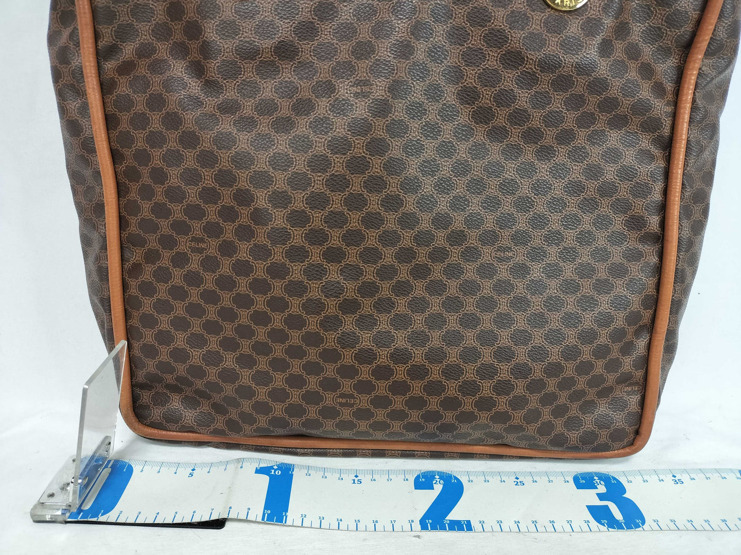 CELINE Macadam Brown Tote Bag with Gold Hardware and PVC and Leather.