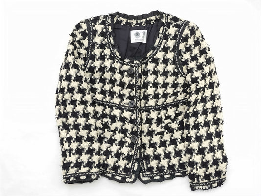 Austin Reed Collarless Jacket, Houndstooth Tweed, Ruffle, White and Black