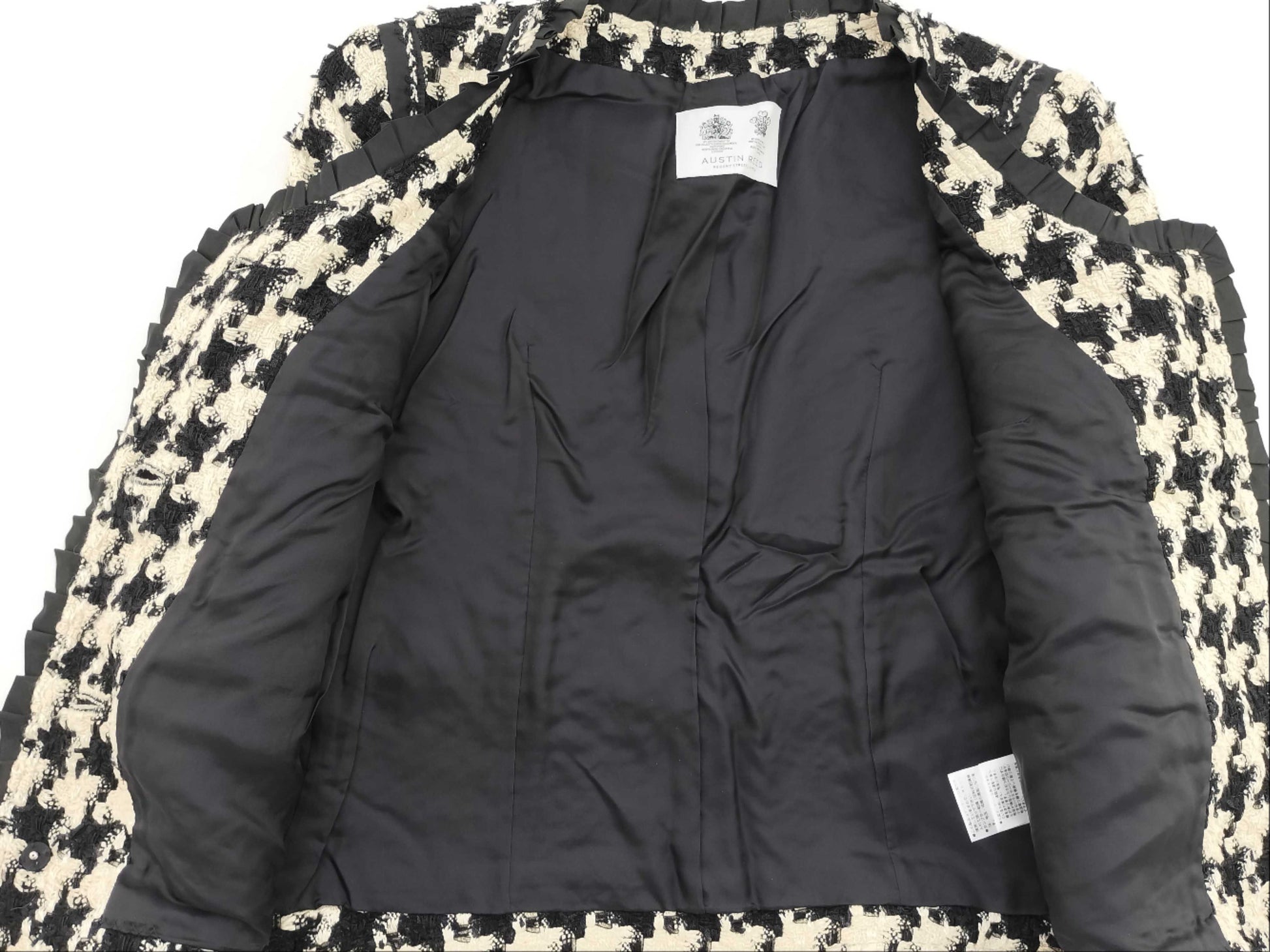 Austin Reed Collarless Jacket, Houndstooth Tweed, Ruffle, White and Black
