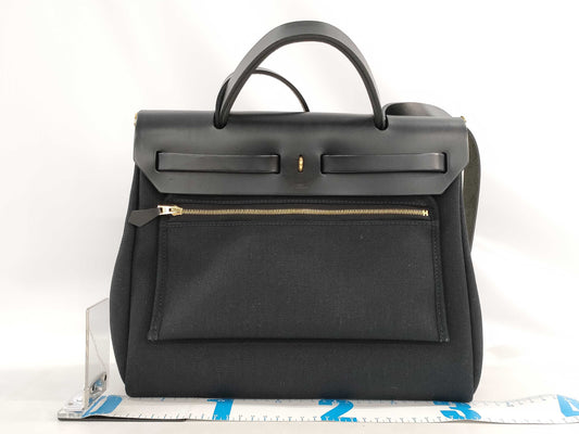 HERMES Airbag Zip 31PM Toile Officier Vache Hunter Black GP Z Stamp Handbag