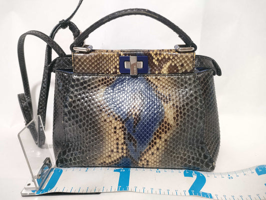 FENDI Peekaboo Mini Python Handbag in Black/Beige/Blue