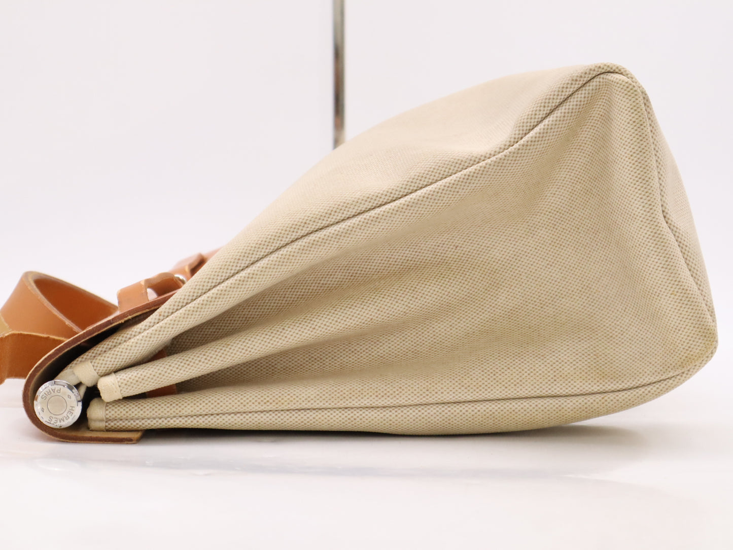 HERMES Toile Haire Bag MM □E Stamp 2001 Beige Brown Shoulder Bag with Padlock and Cloche