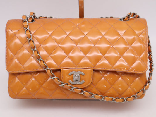CHANEL Enamel Matelasse 26 Shoulder Bag with Double Flap, Double Chain, Sterling Silver Hardware, Orange Seal, 6662396