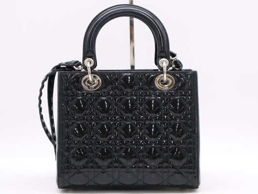 Dior Enamel Lady Dior Medium Cannage Handbag in Black with Silver Hardware, Two Straps, Dust Bag, and Card