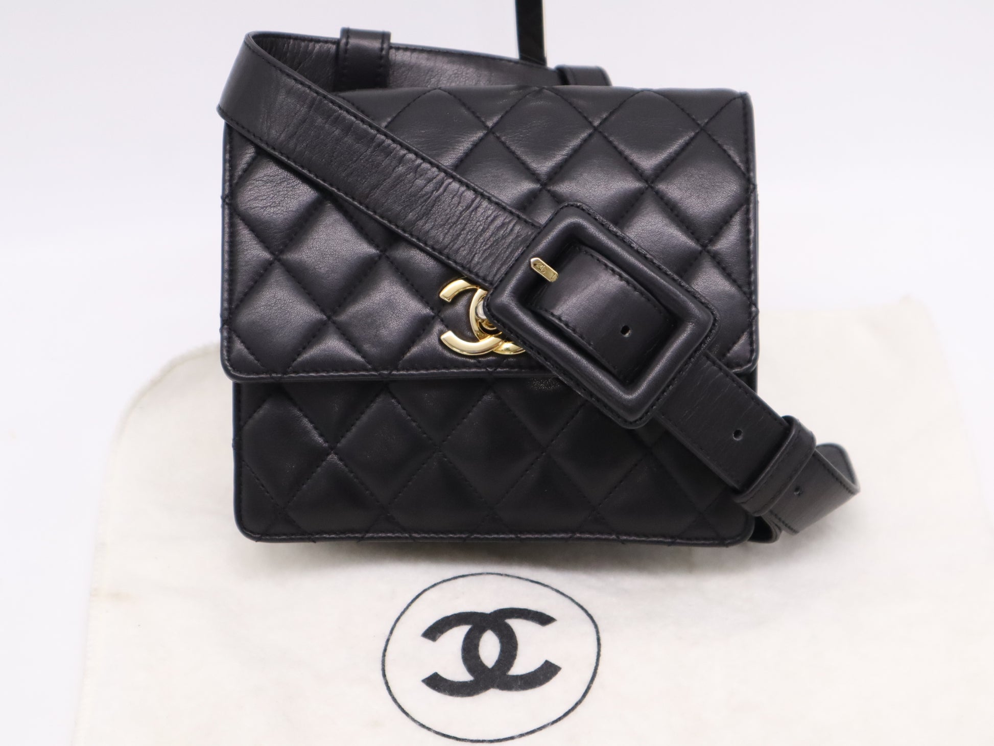 CHANEL Lambskin Waist Bag, Black, with Dust Bag, Seal, 1965557