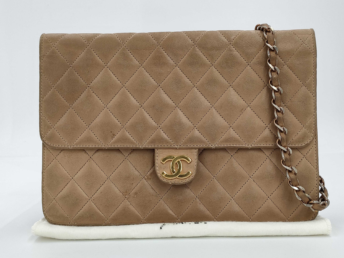 CHANEL Lambskin Matelasse 25 S Flap S Chain Push Lock Gold Hardware Beige Shoulder Bag