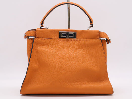 FENDI Leather Selleria Peekaboo Handbag in Orange with Shoulder Strap