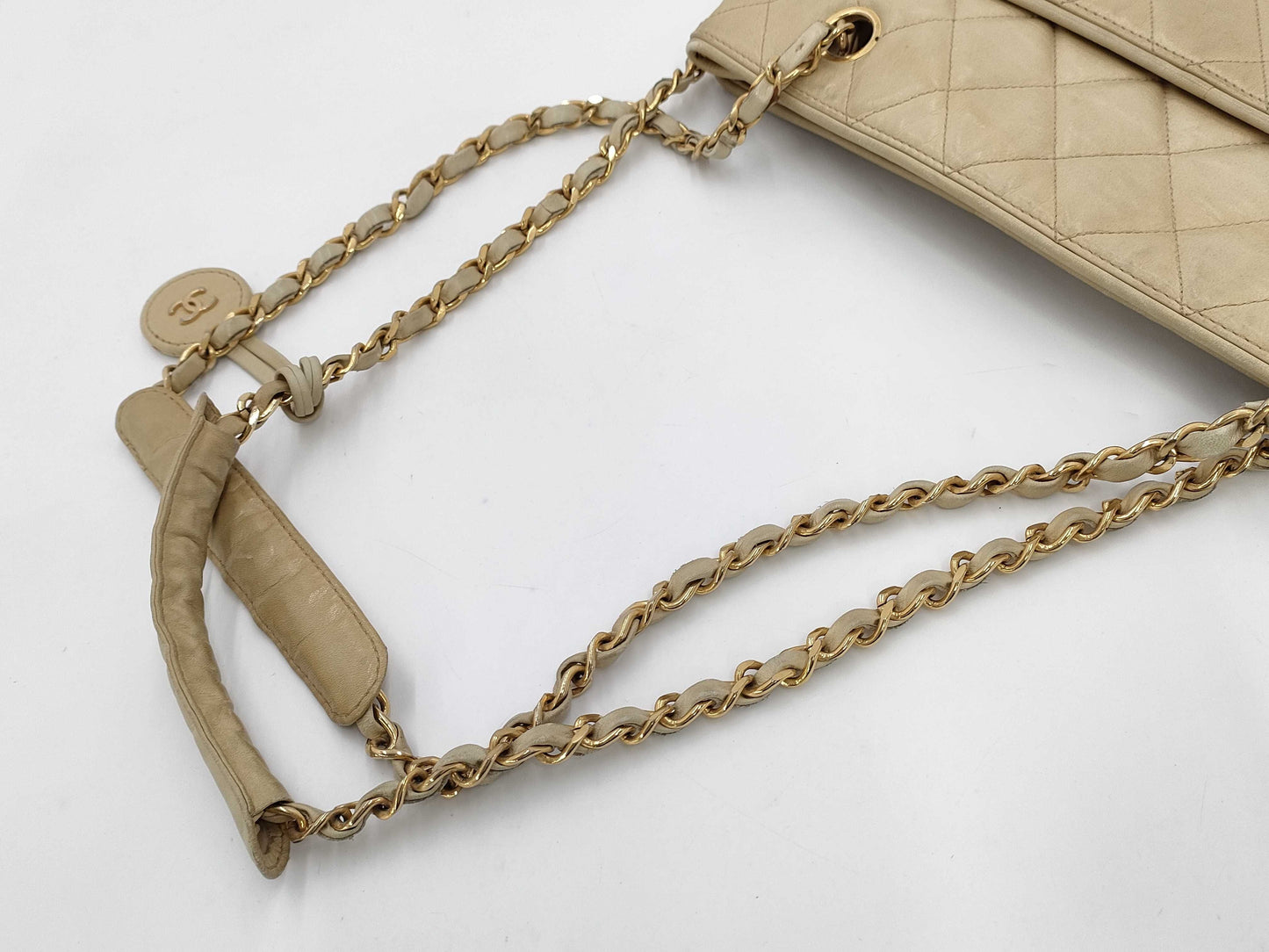 CHANEL Matelasse Chain Shoulder Bag in Beige, Lambskin, 0 Series, Tote Bag