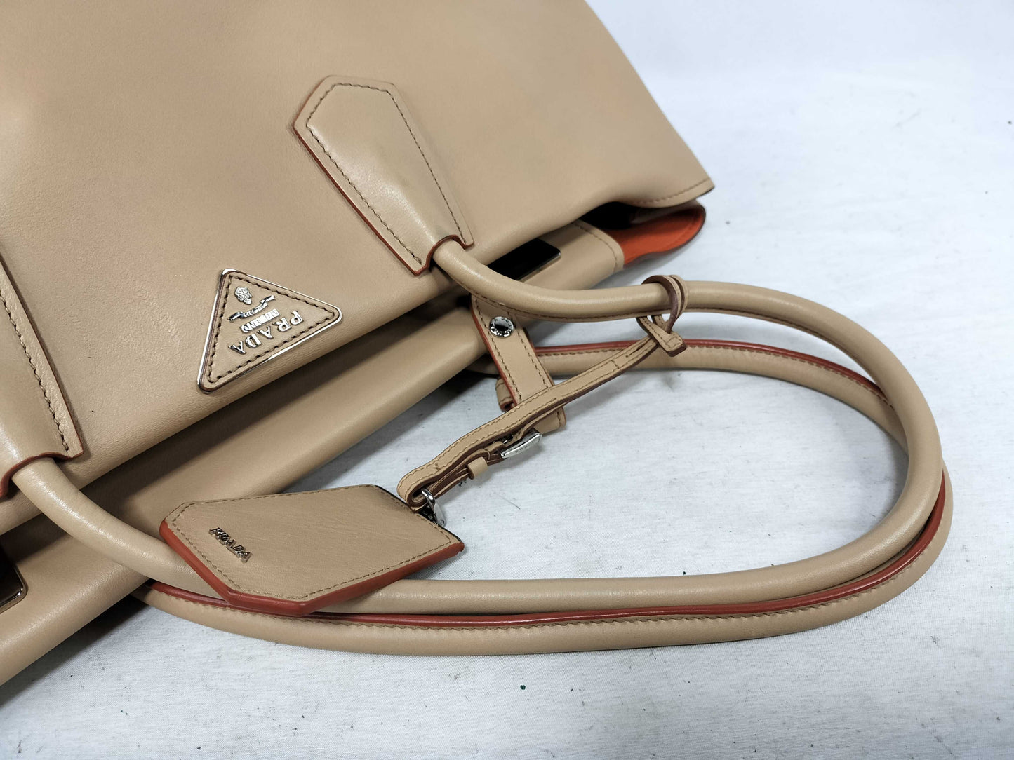PRADA PRADA Tote Bag Triangle Logo Leather Beige Tote Bag