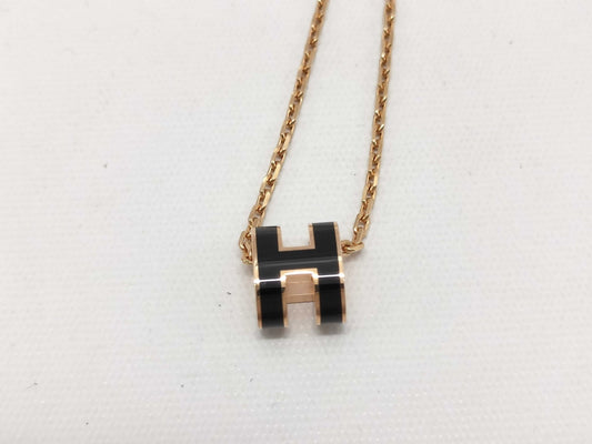 HERMES "Mini Pop H" Black and Pink Gold Hardware Necklace
