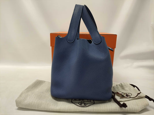 HERMES Picotin Lock PM Bag in Taurillon Clemence Blue Brighton with Silver Hardware and C Stamp