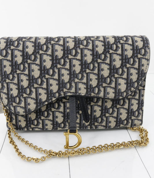 Dior Saddle Oblique Navy Chain Shoulder Bag