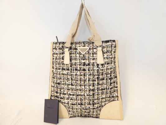 PRADA Tweed Leather Ribbon Tote Bag