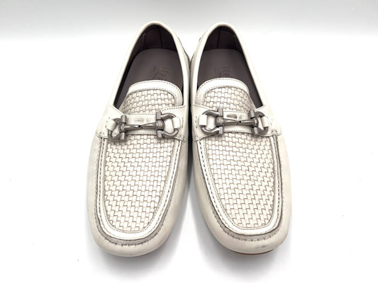 Salvatore Ferragamo Gancini Horsebit Leather Loafers in White, Size 8