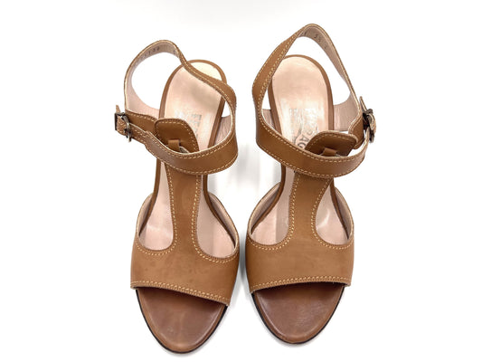 Salvatore Ferragamo T-strap leather sandals in brown, size 5 1/2.