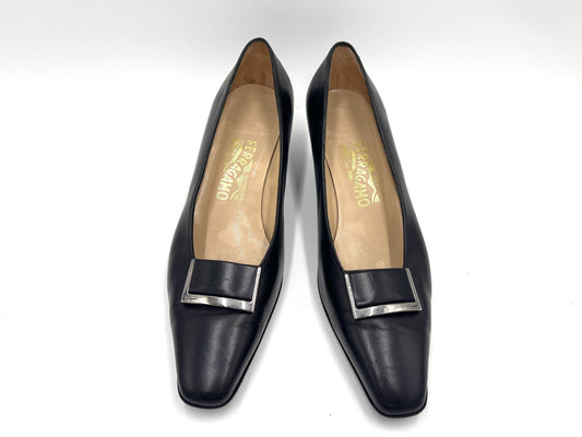Salvatore Ferragamo 50587 Leather Black Pumps, Size 8 1/2