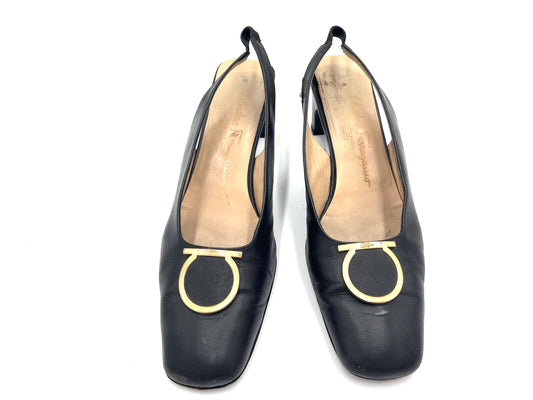 Salvatore Ferragamo Gancini Slingback Leather Pumps in Black, Size 8 1/2