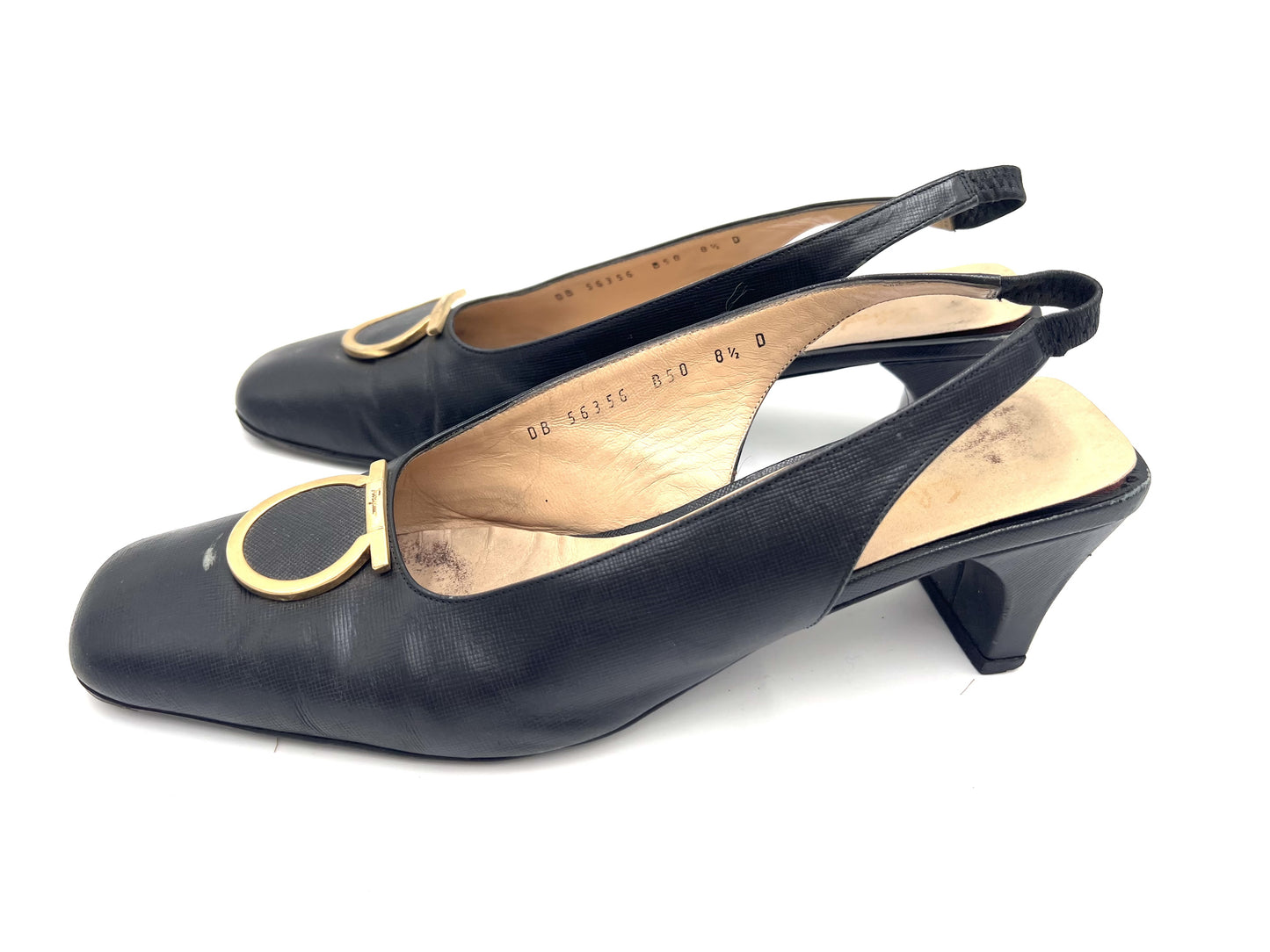 Salvatore Ferragamo Gancini Slingback Leather Pumps in Black, Size 8 1/2