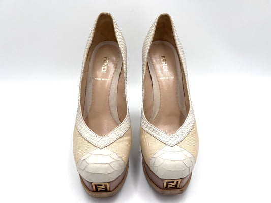 FENDI Python Canvas High Heel Pumps in White and Beige, Size 37