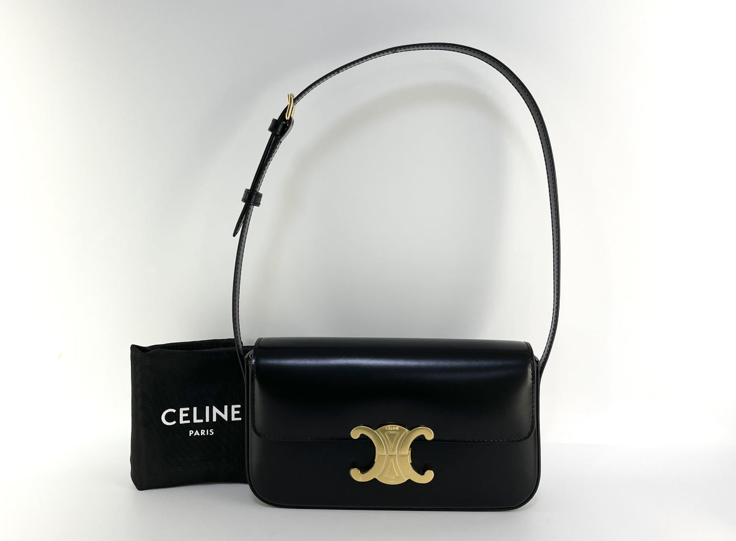 CELINE Claude Triomphe Black Leather Shoulder Bag with Protective Film