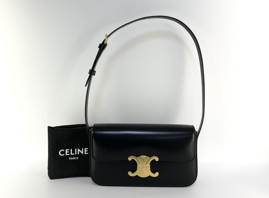 CELINE Claude Triomphe Black Leather Shoulder Bag with Protective Film