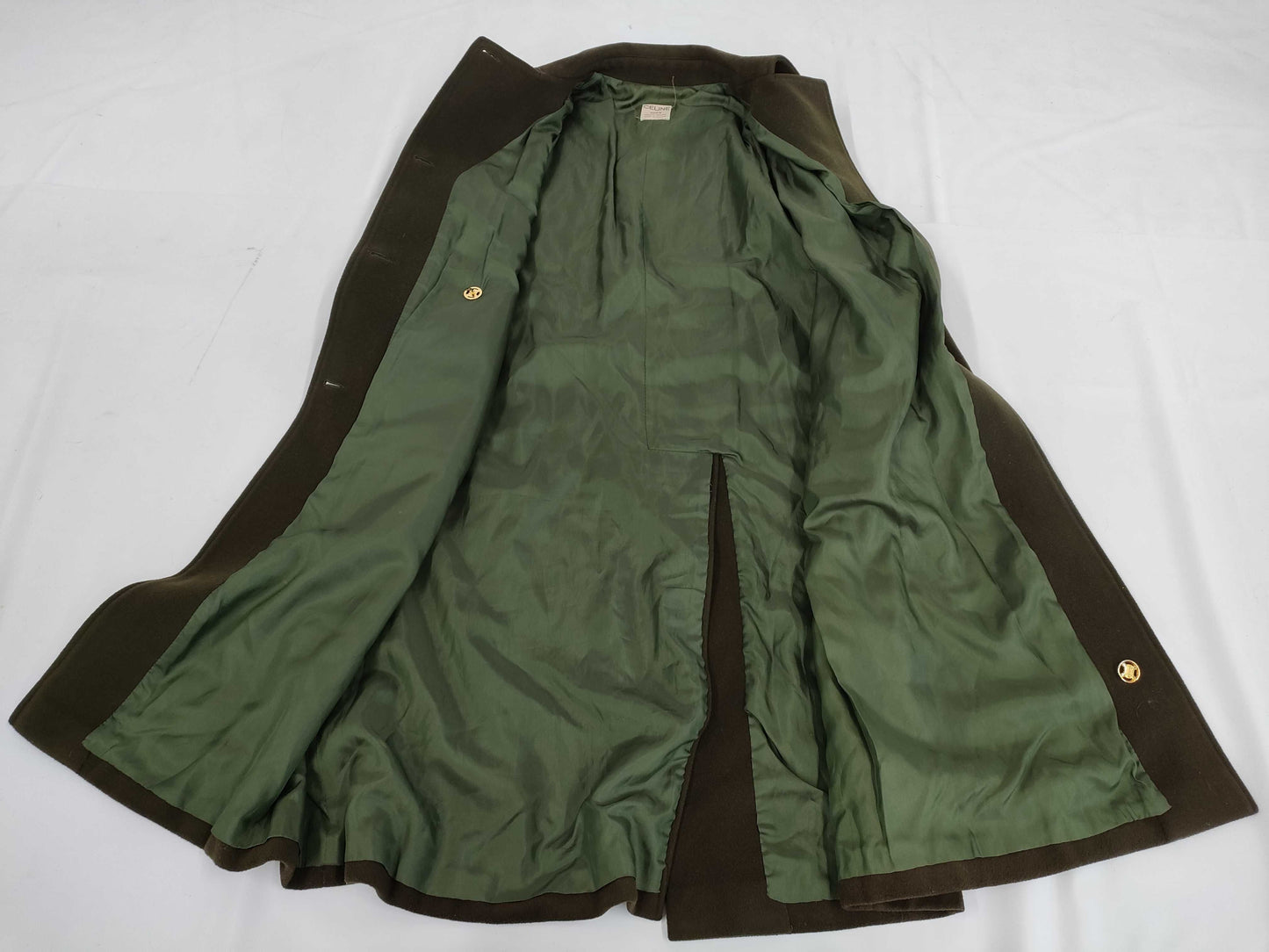 CELINE Long Coat with Triomphe Buttons in Khaki