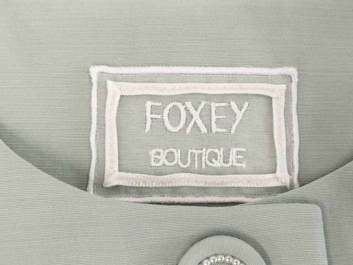 FOXEY 44155 Delphine Pearl Button Grosgrain Braid Flare Silk Wool Mint Green Coat Size 40