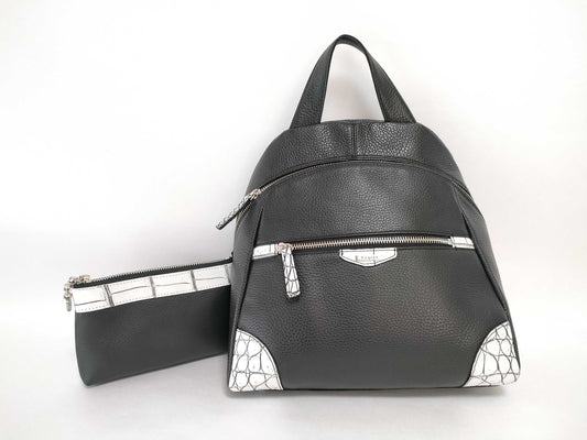JRA Crocodile Leather Backpack/Backpack, Black/White, Dyed with Pouch