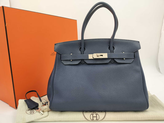 HERMES Birkin 30 Verso Togo Blue Indigo Silver Hardware Handbag