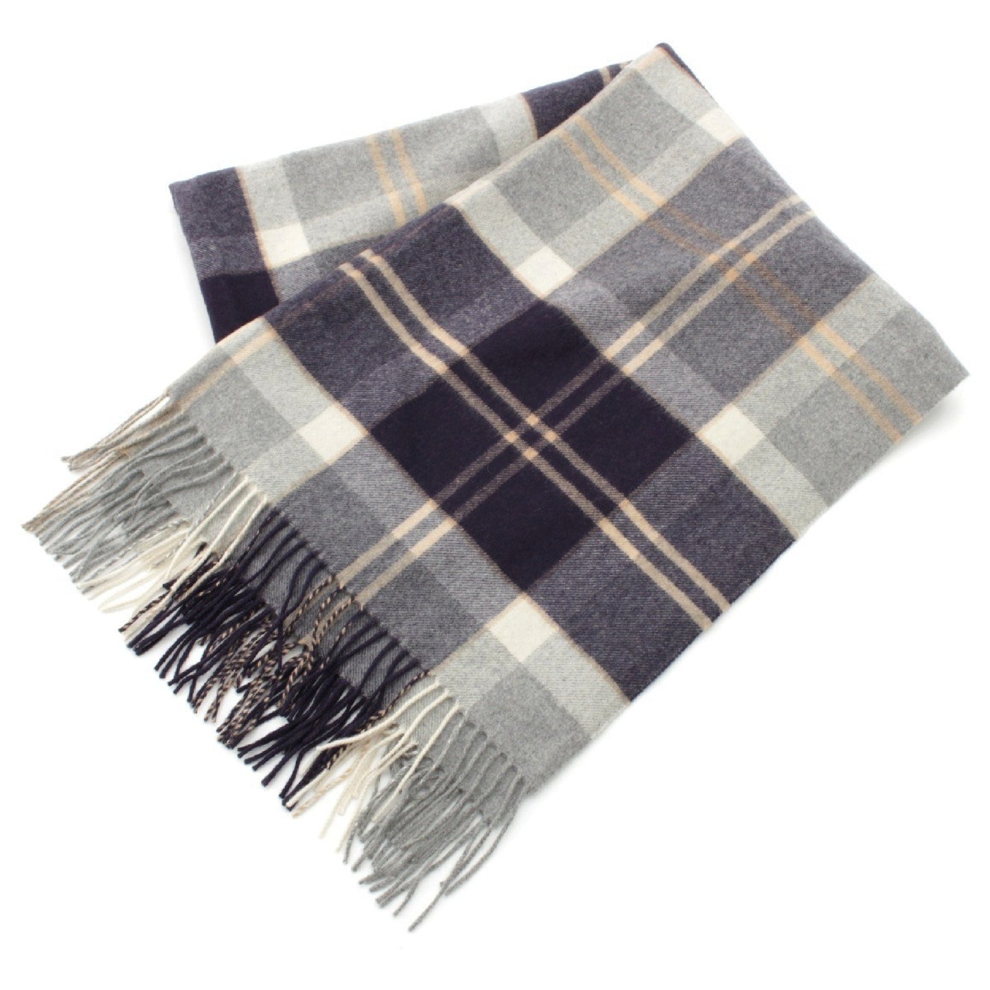 Johnstons Cashmere Check Pattern Large Scarf, Gray x Navy x Beige, Width: Approx. 71cm, Total Length: Approx. 186cm