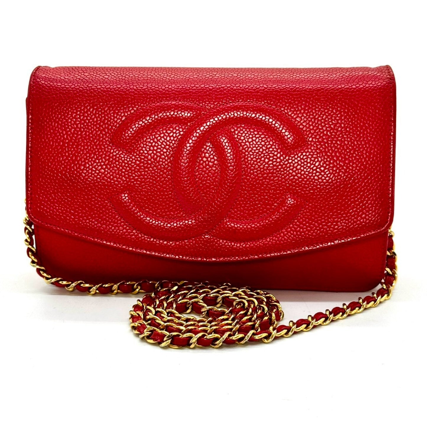 CHANEL Caviar Skin Coco Mark Chain Shoulder Wallet Red 5057344 Shoulder Bag