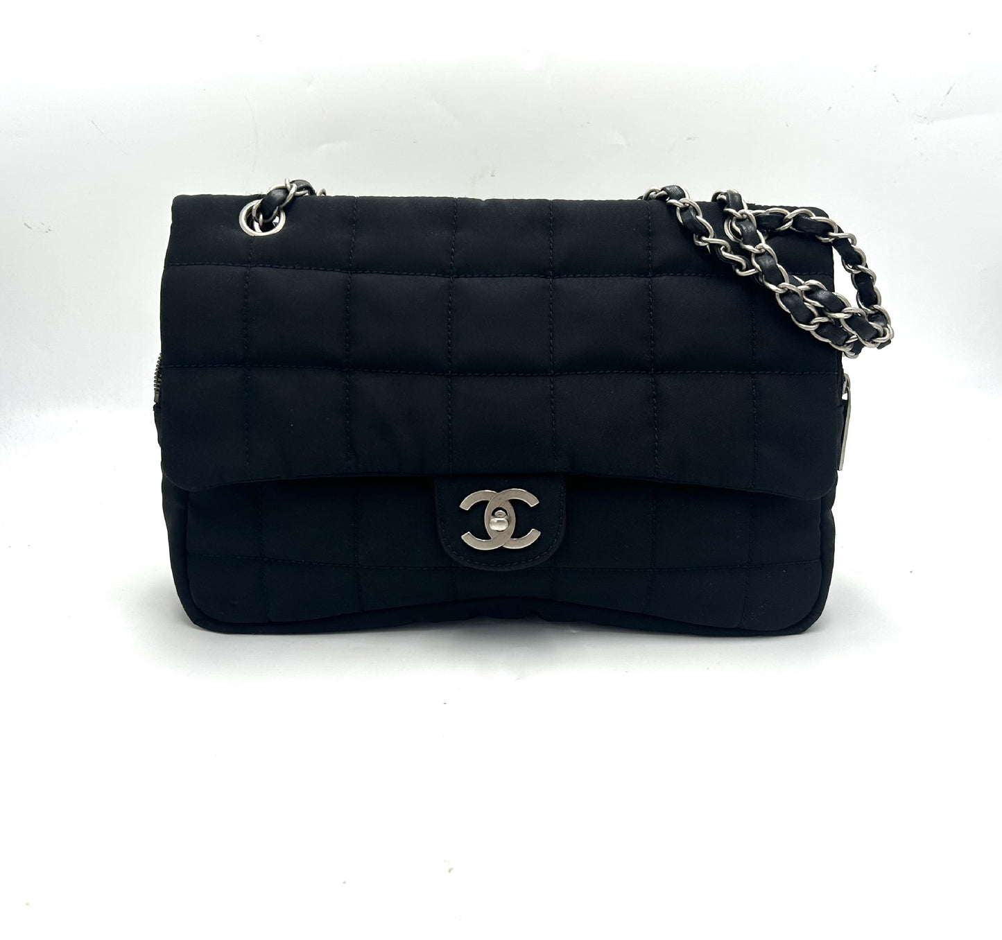 CHANEL Chocolate Bar Cotton Leather Chain Bag