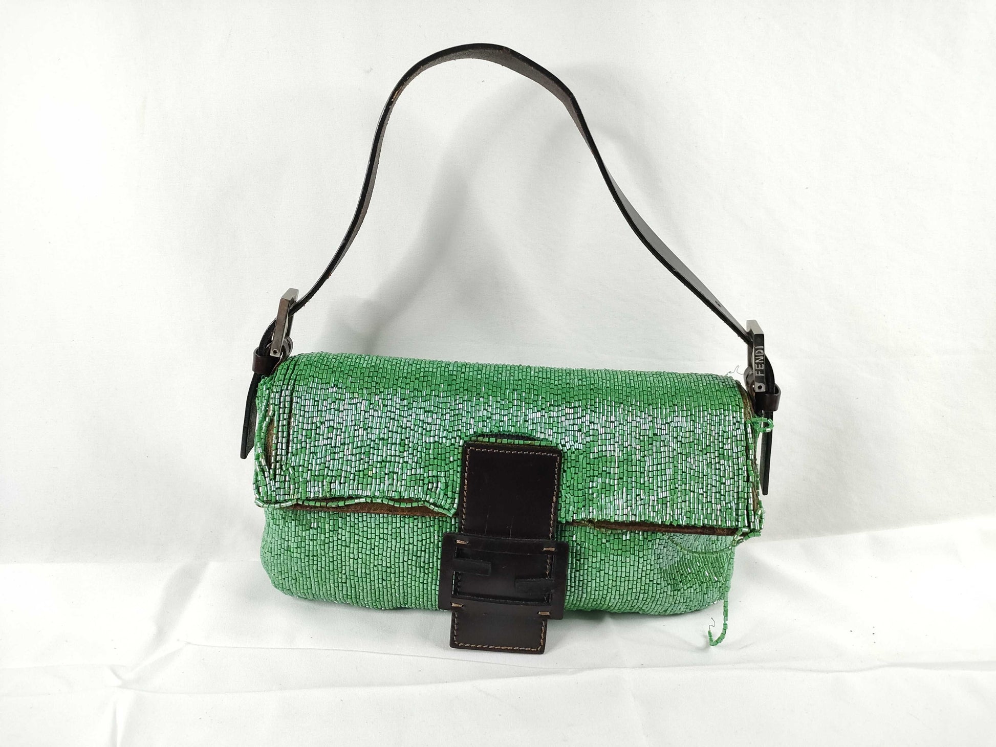 FENDI Fendi Mamma Bucket Beaded x Leather Shoulder Bag Green Shoulder Bag