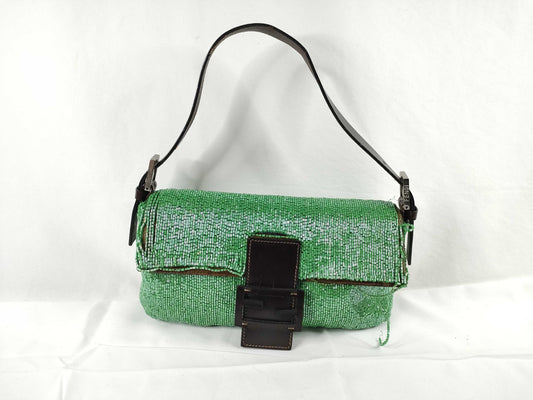FENDI Fendi Mamma Bucket Beaded x Leather Shoulder Bag Green Shoulder Bag