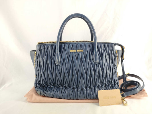miu miu SG-Miu Miu Matelasse Leather 2way handbag Navy 5BB016 handbag