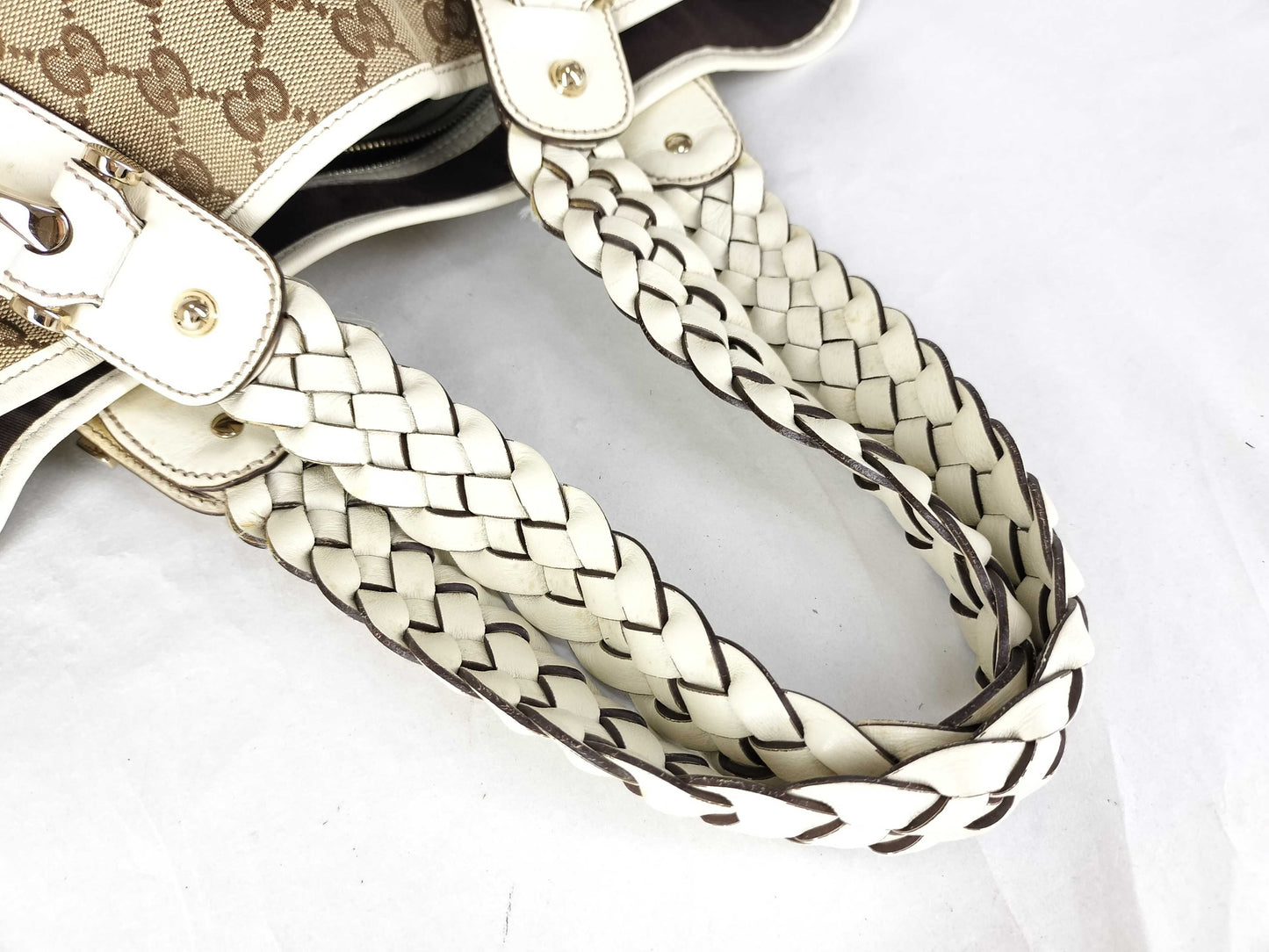 GUCCI GG Canvas Gucci GG Canvas Canvas x Leather Handbag Beige x White 162900 Handbag